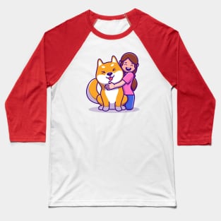 Cute Girl With Shiba Inu Dog Cartoon Baseball T-Shirt